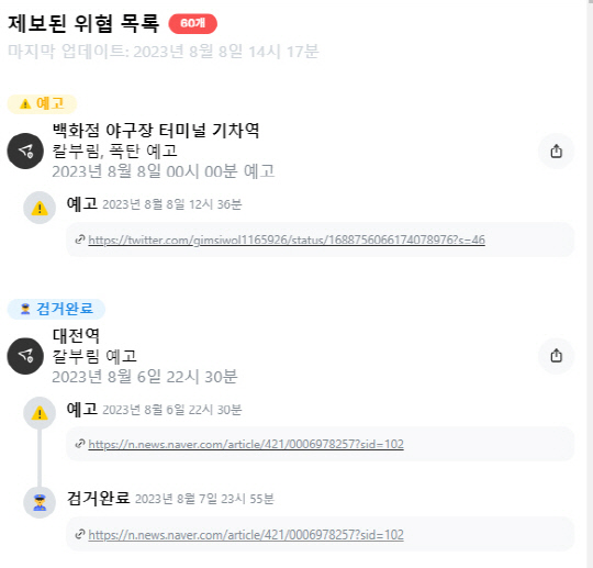 테러 위협 목록. [테러리스 홈페이지 캡처]